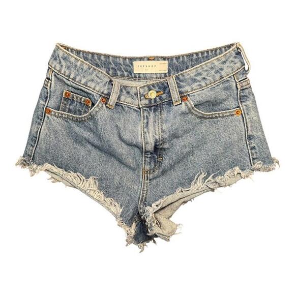 Topshop 'Kiri' High Waisted Light-Wash Frayed/Raw Hem Denim Jean Shorts sz 4 - Picture 5 of 5